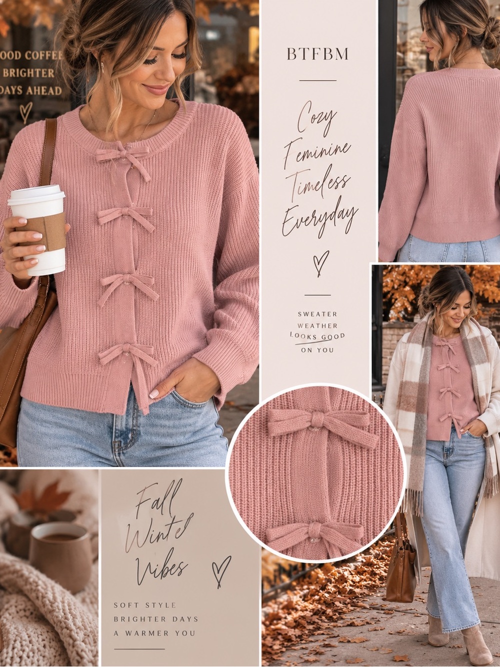 BTFBM Pink Bow Tie Front Knit Cardigan Sweater Size M